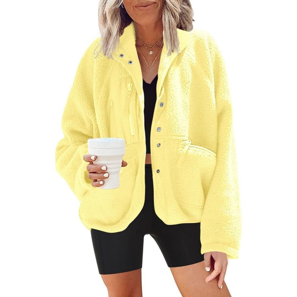 Women's Yellow Fuzzy Fluffy Fleece Vest Jacket Coats Winter Warm Pockets Outwear